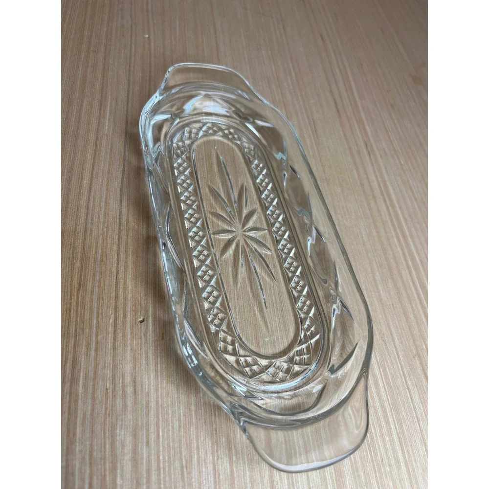 Vintage Clear Pressed Glass Butter Dish w/Lid Starburst Diamond Pattern USA MCM